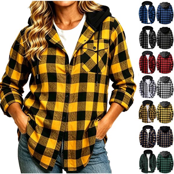Chiccall Fashion Long Sleeve Hooded Plaid Shirt for Women Fall Fashion Casual Pocketed Button Down Shacket