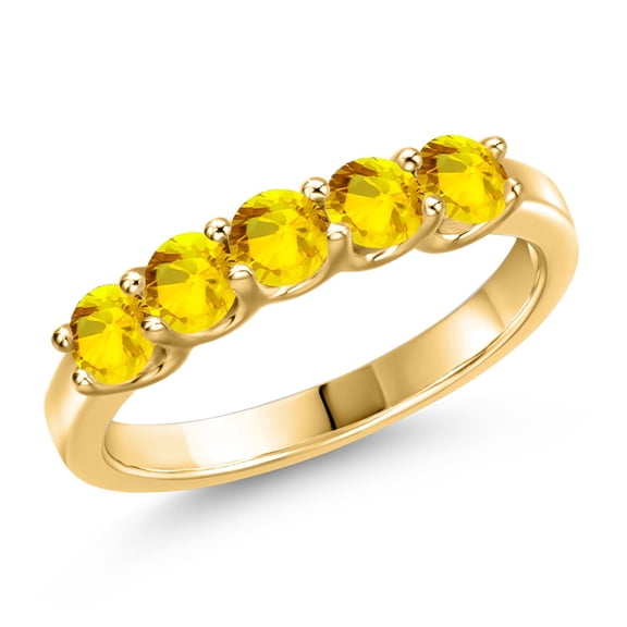 Gem Stone King 18K Yellow Gold Plated Silver Yellow Sapphire Wedding-Bands Ring for Women | 0.80 Cttw | Round 3.5MM | Gemstone September Birthstone | Size 8