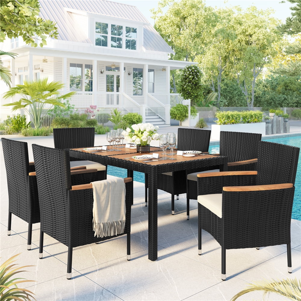 7 Piece Outdoor Patio Conversation Set, 6 Rattan Wicker Chairs Dining ...