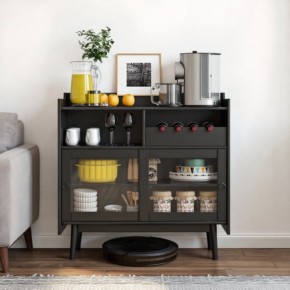 GVN Kitchen Buffet Sideboard, Cupboard Cabinet, Kitchen Buffet Sideboard with Wine Rack and Sliding Door-Black