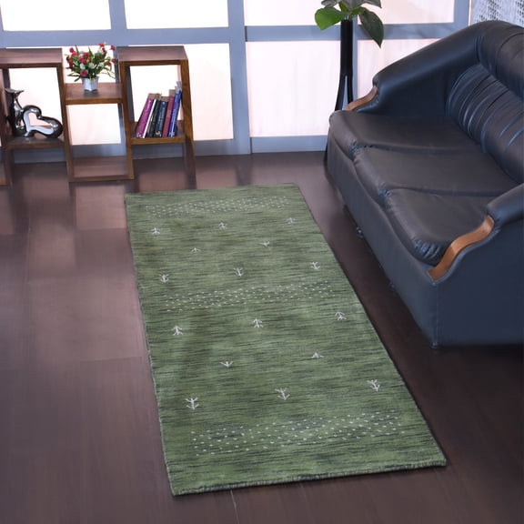 Rugsotic Carpets Hand Knotted Wool Area Rug 2'6''x10' Green Contemporary Runner Indoor Rug for Living Room, Bedroom Antimicrobial L00515