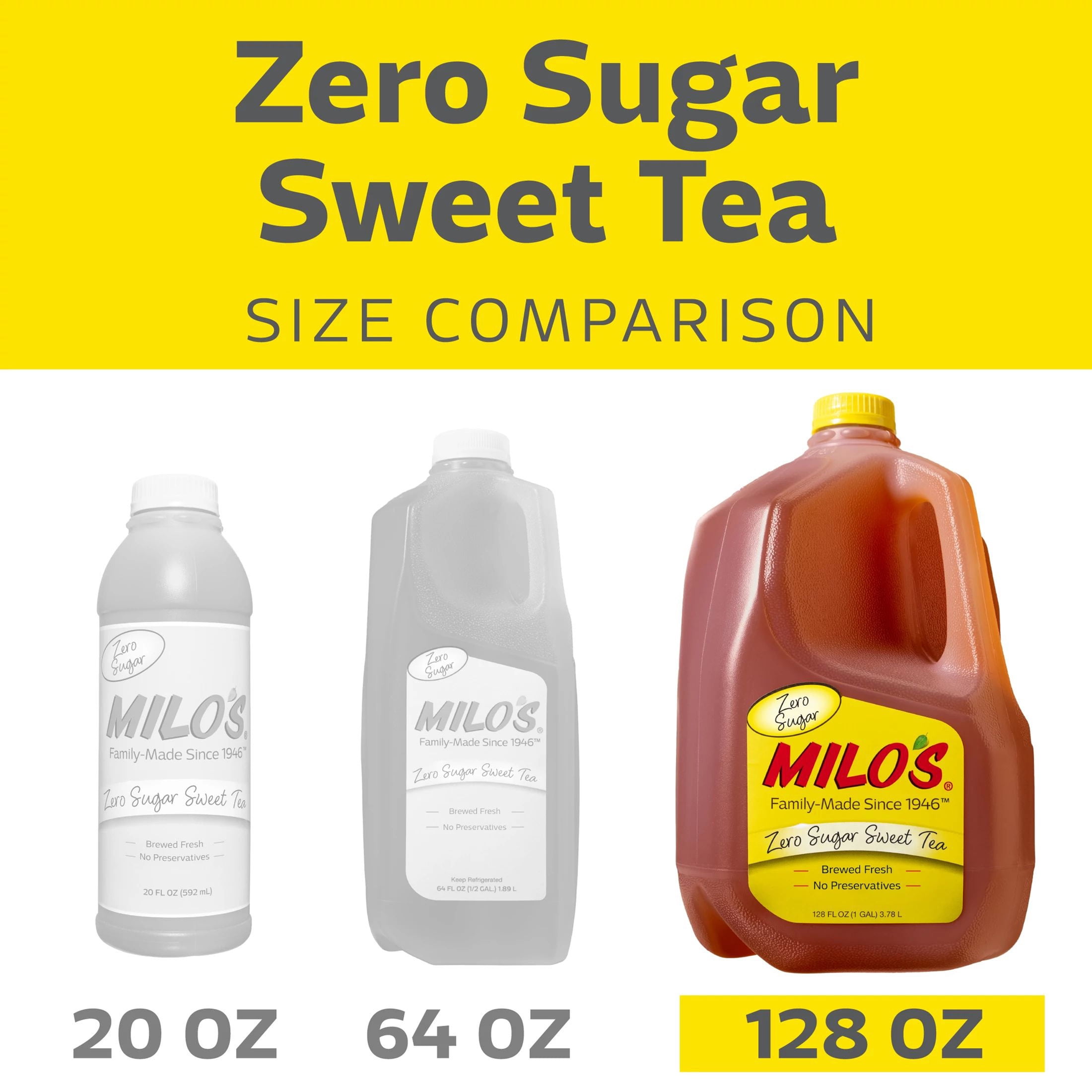 Milo's Zero Sugar Sweet Tea, Refrigerated Iced Tea, 128 fl oz Gallon, No Preservatives, Brewed Fresh Daily