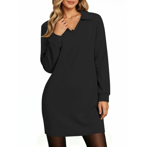 UVN Dresses for Women Long Sleeve Lapel Neck Dress Fall Casual Sweatshirt Dresses
