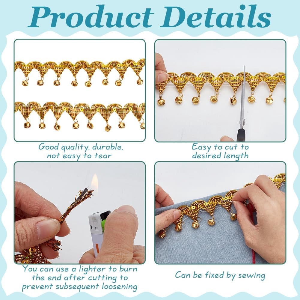 Metallic Wigs Ribbon with Iron Bell Beads for Sewing Decoration Gold 1-5/8 inch(40mm) about 9.84 Yards(9m)/Bundle