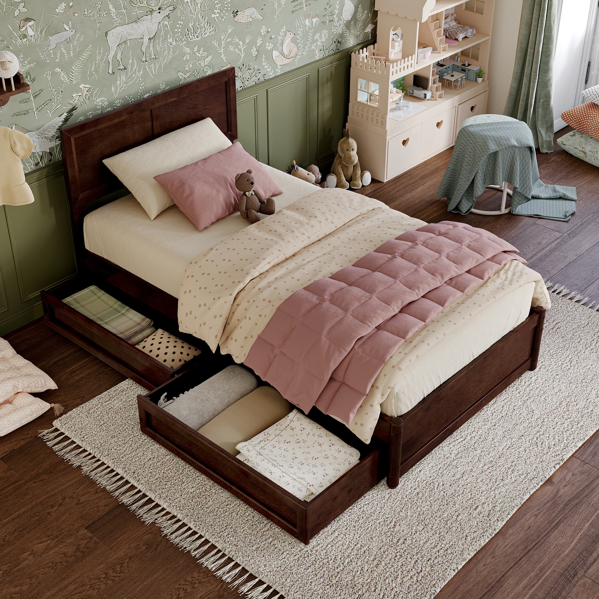 AFI Lylah Twin Wood Platform Bed with Panel Footboard and Storage Drawers, Walnut
