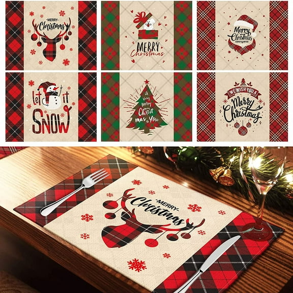 NiHome Linen Merry Christmas Placemats 6-Pack Holiday Dining Table Place Mats Assorted Design Patterns Santa Claus Snowman Christmas Tree Gift Box Reindeer Non-Slip Thanksgiving Dining Parties