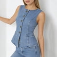 thumbnail image 3 of Fenkoxk Womens Casual Jean Vest Solid Color Button Hoodless Sleeveless Denim Jacket, 3 of 5