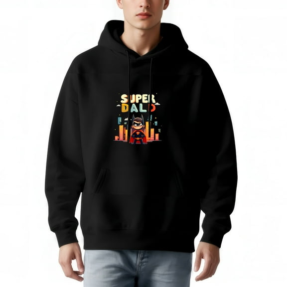 Men's Long Sleeve Hoodie Pullover Sweatshirt with Pockets - Colorful ' SUPER DAD ' Graphic Design with Cityscape