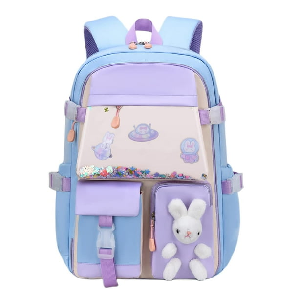 (azul)Linda mochila con lindos accesorios Colgante de peluche para mochila escolar Mochila para niña estudiante Altura 40 * Ancho 30 * Grosor 16 cm