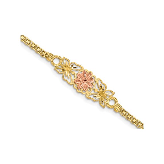 14K Yellow and Pink Gold Flower and Butterfly Bracelet (7 inches)