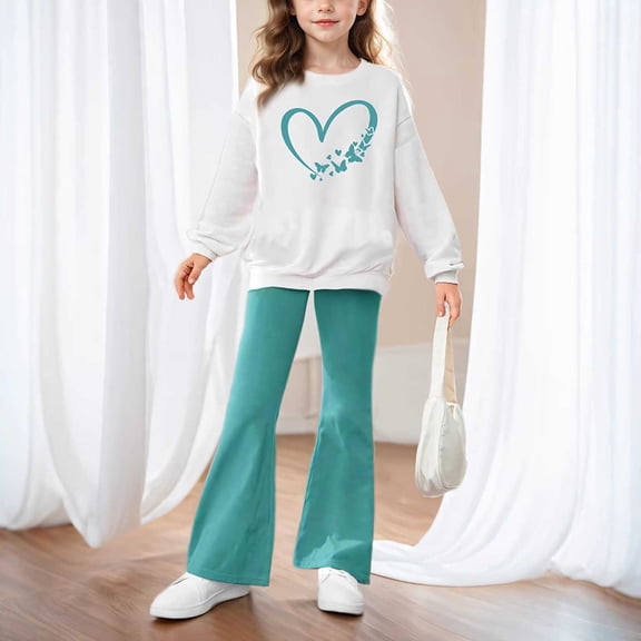 SGFCWSX Girls 2 Piece Outfit Crew Neck Sweatshirt and Flare Pants Heart Graphic Print Long Sleeve Cute Casual Clothing Set White Size 9