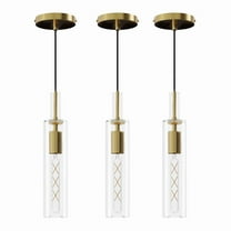 3-Pack Gold Pendant Lights with Striped Glass Shades - Adjustable 59" Height, Modern Farmhouse Island Lighting Set for Kitchen, Dining Room & Bedroom (Bulbs Not Included)