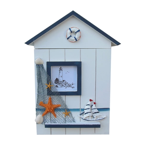 Soporte de llaves Caja de diseño de casa montada en la pared Colgante de pared Colgador de almacenamiento de llaves Estuche de madera, parte superior azul, Saiboat Life Bouy Jumpingount HA8882-03B