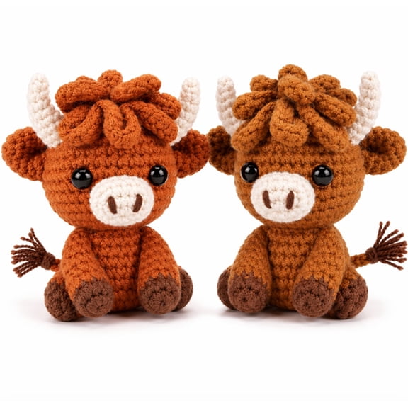 2 Pack Highland Cow Crochet Kit for Beginners, Cow Amigurumi Starter Set with Step by Step Video Tutorials, TIKA
