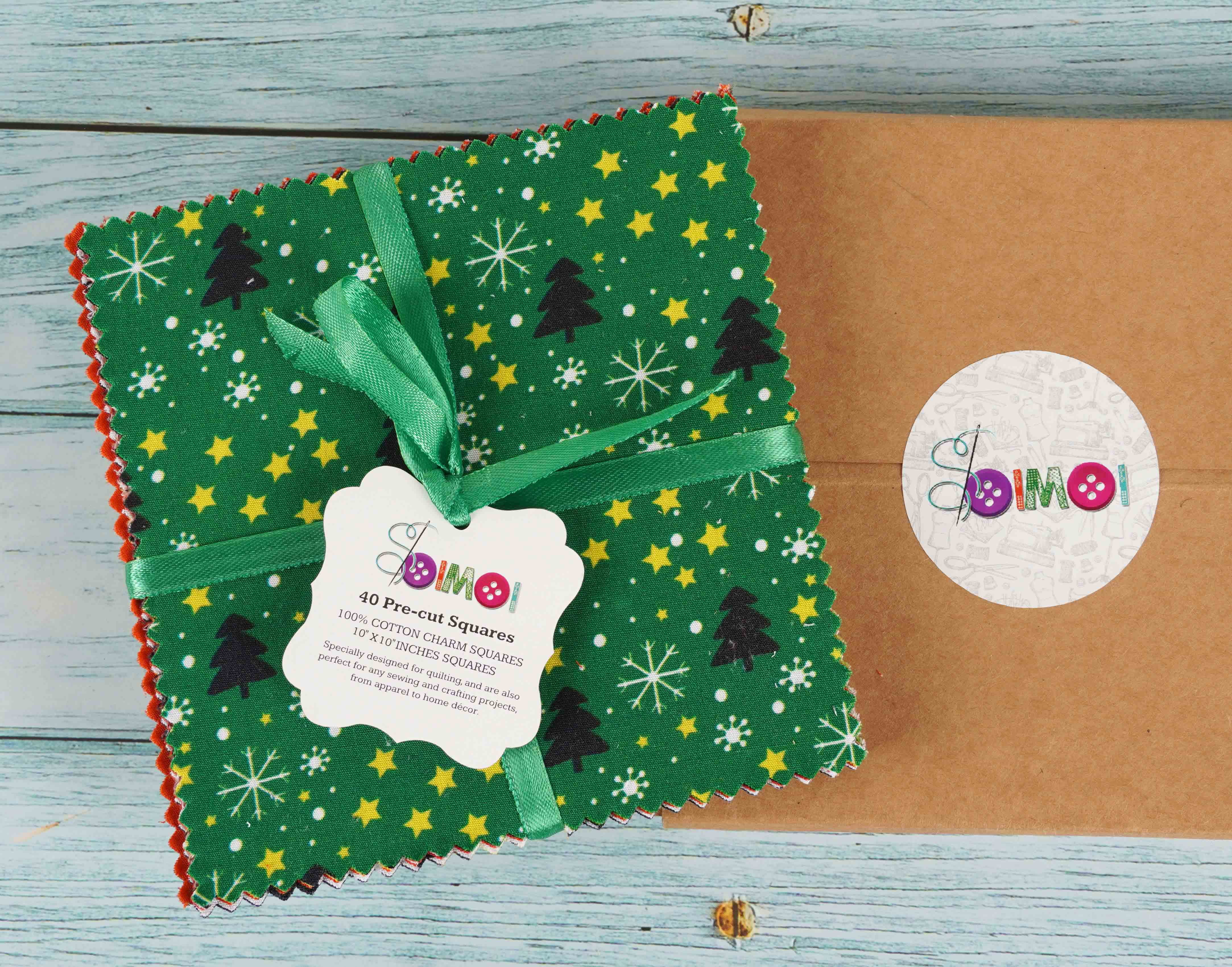 Soimoi Christmas Theme Print Precut 10-inch Cotton Fabric Quilting Squares Charm Pack DIY Patchwork Sewing Craft