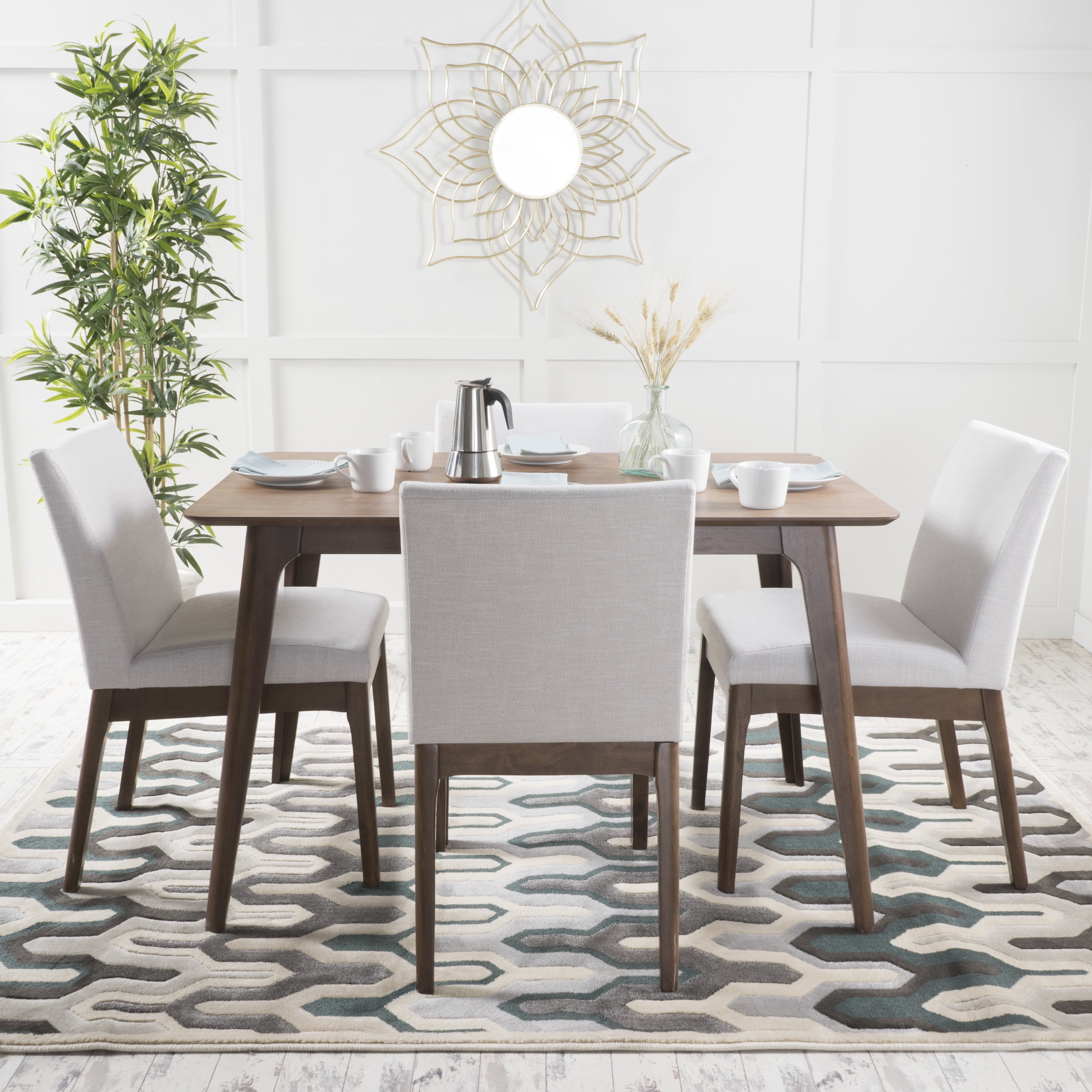 Noble House Caruso Natural Walnut Oak Wood Light Beige 5 Piece Dining Set