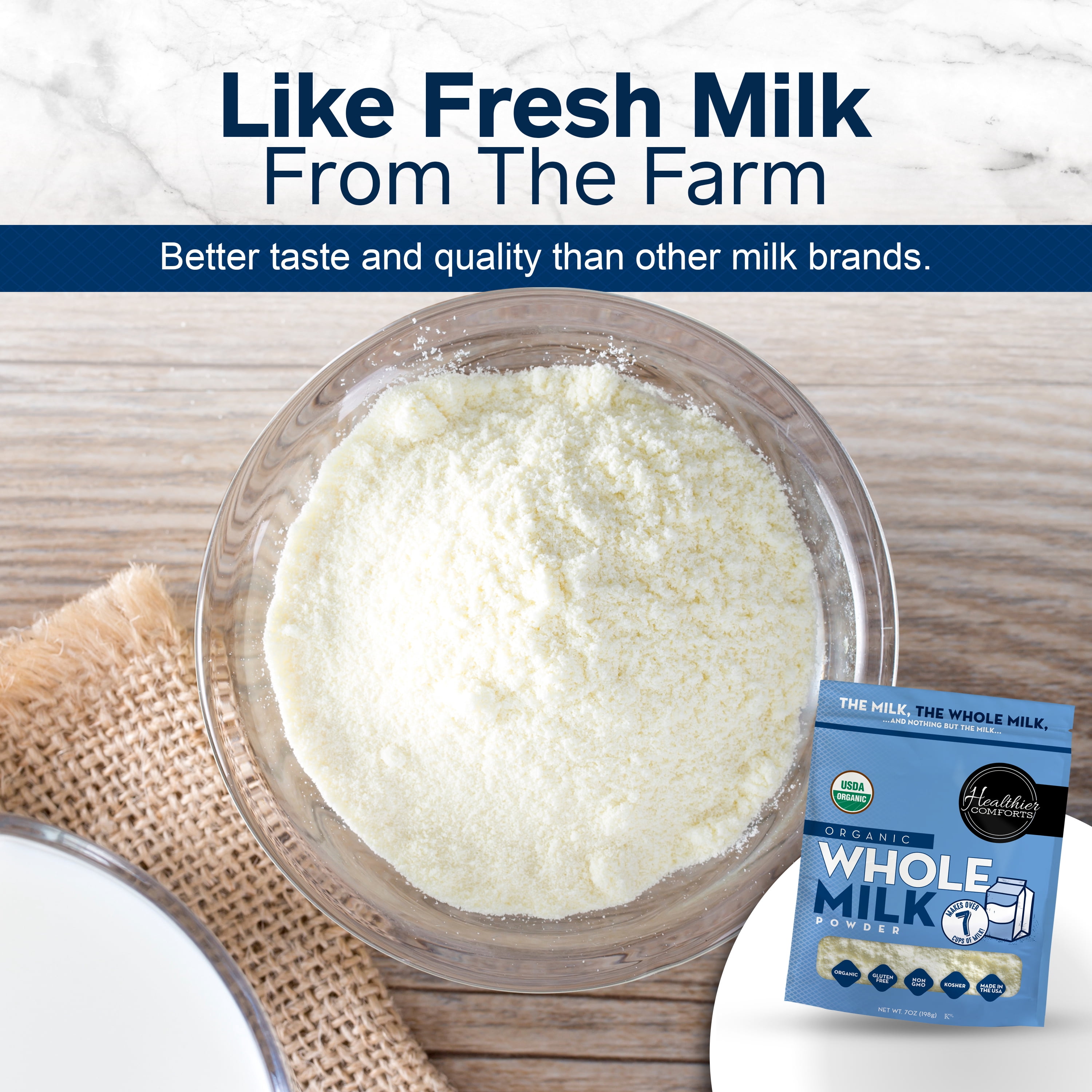 Healthier Comforts Organic Whole Milk Powder 7oz | Certified USDA Organic | Kosher, Gluten Free, Non-GMO Dry Powder Whole Milk | Dried Milk w/Resealable Packaging, Shelf Stable