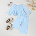 thumbnail image 3 of Odeerbi Infant Girls Fall Winter Outfits Ruffle Pleated Waist Tops Pants Set Fashion Casual Solid Color Cotton Long Sleeve Tops Straight Leg Pants Set Infant Clothes Light Blue, 3 of 8