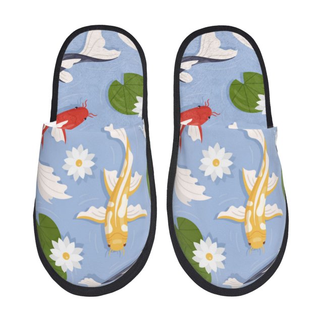 Balery Colorful Koi Fish Pantuflas de Casa de Felpa Silenciosas con Diseño Estampado, Zapatillas Cómodas Antideslizantes de Algodón para Interior-Large