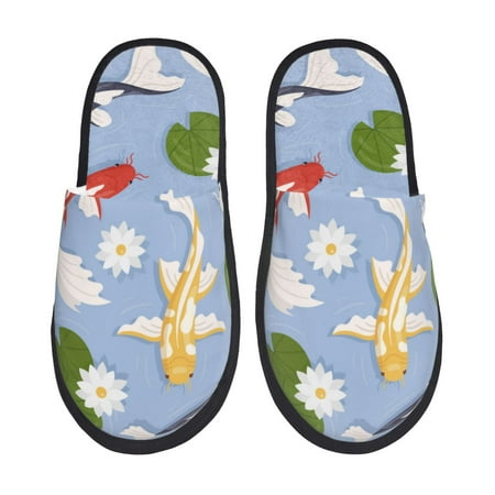 

Fuzoiu Colorful Koi Fish Print Unisex Furry Slippers Plush Indoor Shoes Trendy House Slippers Anti-Skid EVA Sole House Shoes for Home Office and Travel -Medium