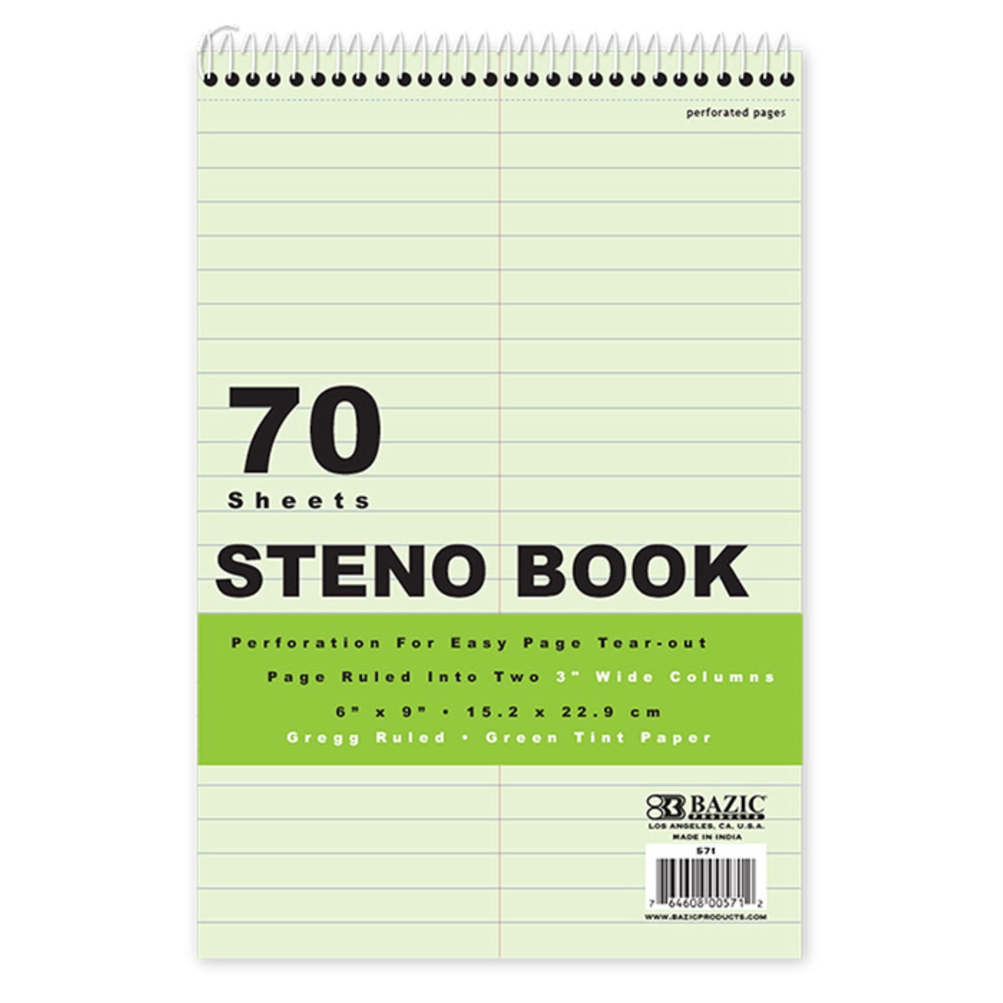 BAZIC Perforated Writing Pad, 80 Sheets 6"x9" Green Tint Gregg Ruled Steno Book, 1-Pack