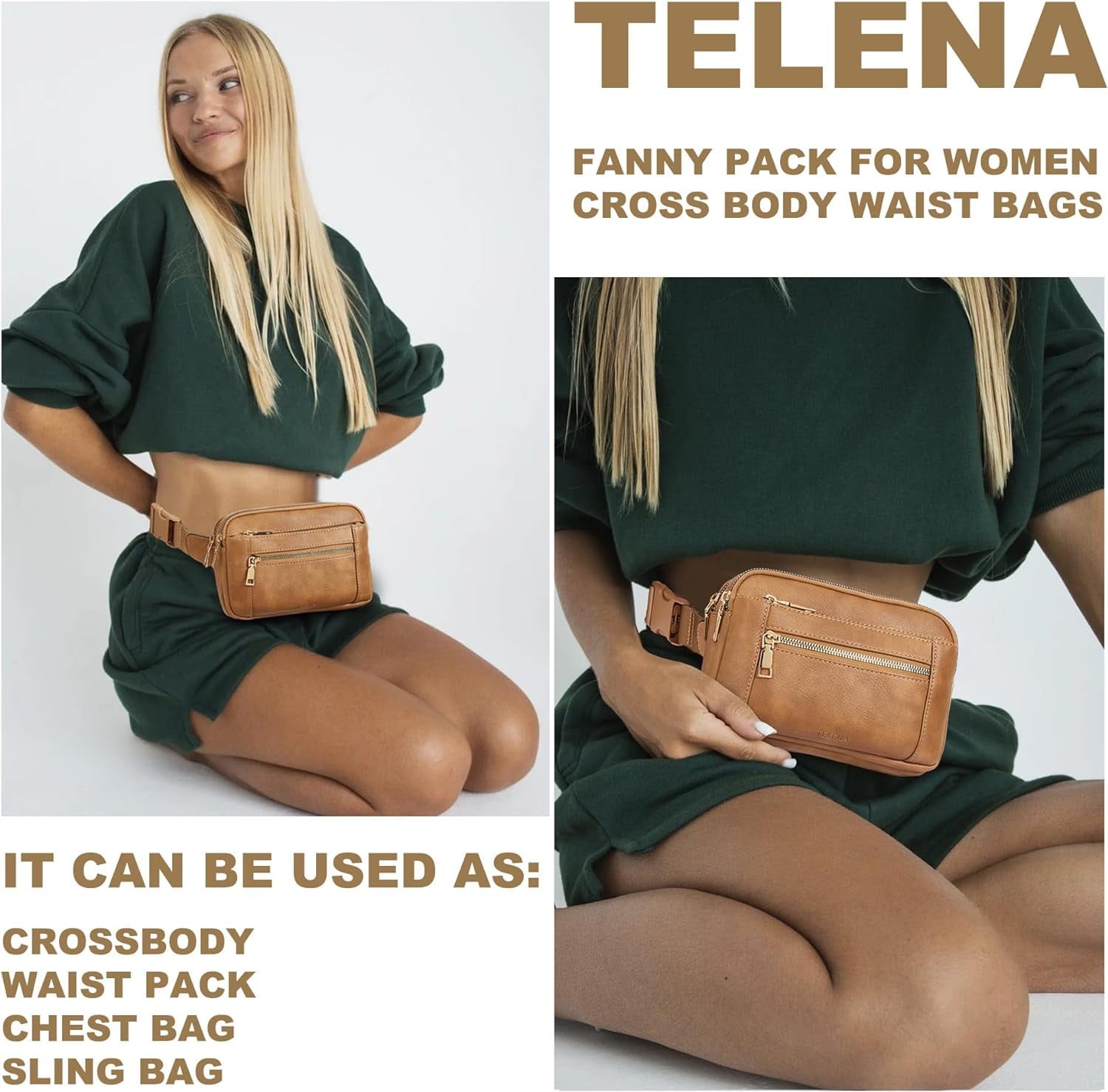 Fanny Packs for Women Cross Body Bag Leather Belt Bag Fashionable Waist Bag with Adjustable Strap Beige Brown