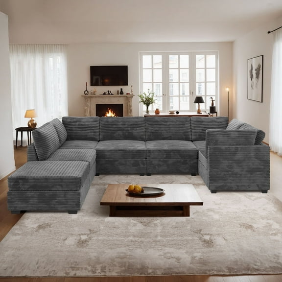Ovios Oversized Modular Sectional Sofa Couch 130.7 Inch 7 Seater U Shaped Sofa with Ottoman Modern Deep Seat Cloud Corduroy Couches for Living Room,Office, Grey