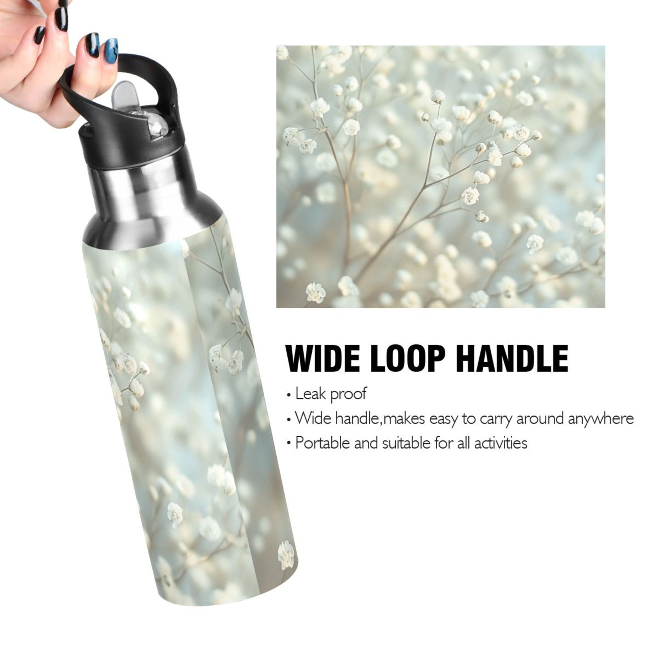 Beautiful Babysbreath Sports Bottle with Straw Stainless Steel Water Jug Portable Thermal Cup Leak-proof 600ML