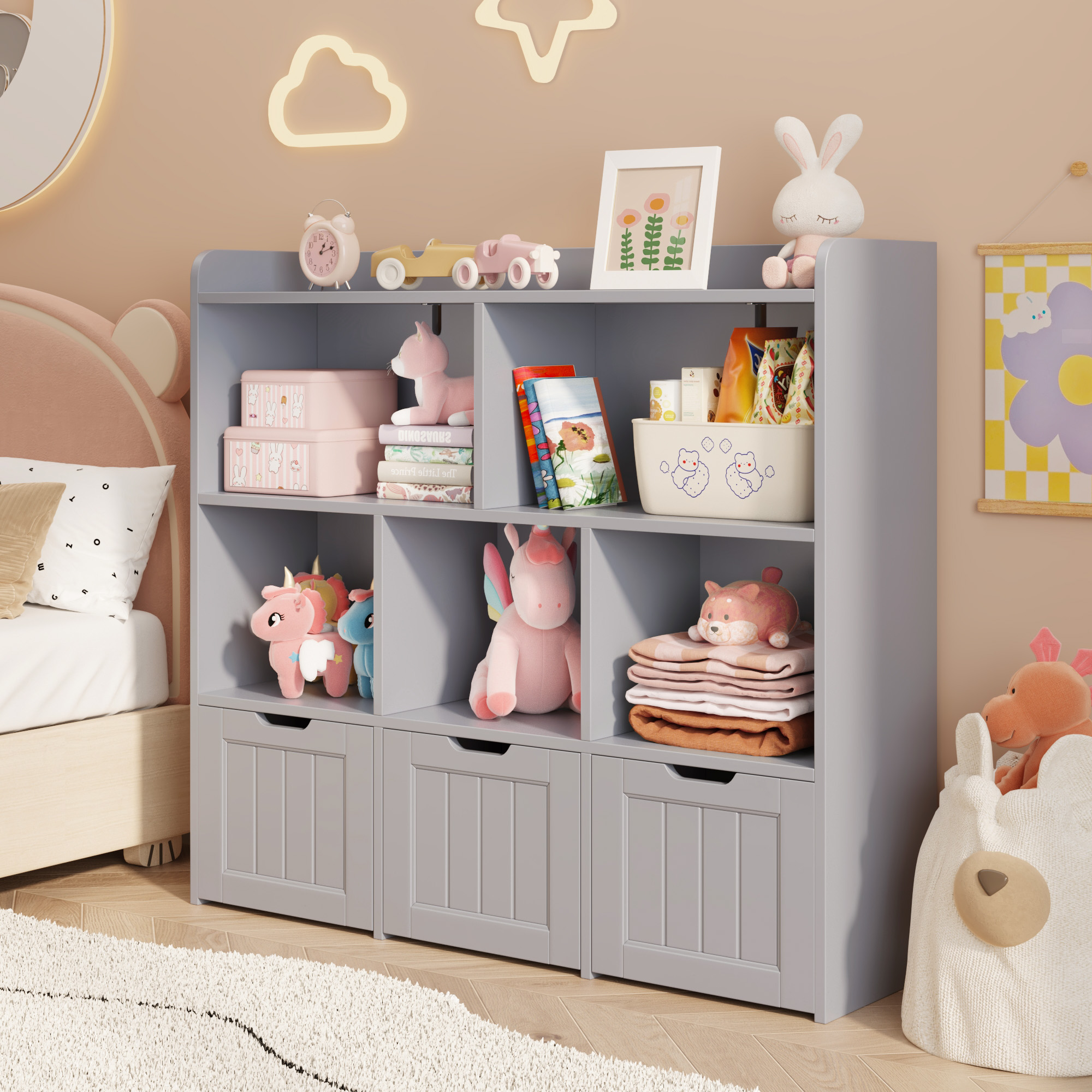 Noelse Toy Storage Cabinet and Kids Bookcase with 3 Movable Drawers and 6 Open Shelves Featuring Fall Prevention Barrier for Playroom Nursery Kids Room Organization, Gray