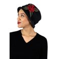 thumbnail image 5 of Womens Hat Luxury Fleece Cloche Ladies Cancer Headwear Chemo Winter Head Coverings Plush Double Layer Olivia (Black with Red), 5 of 5
