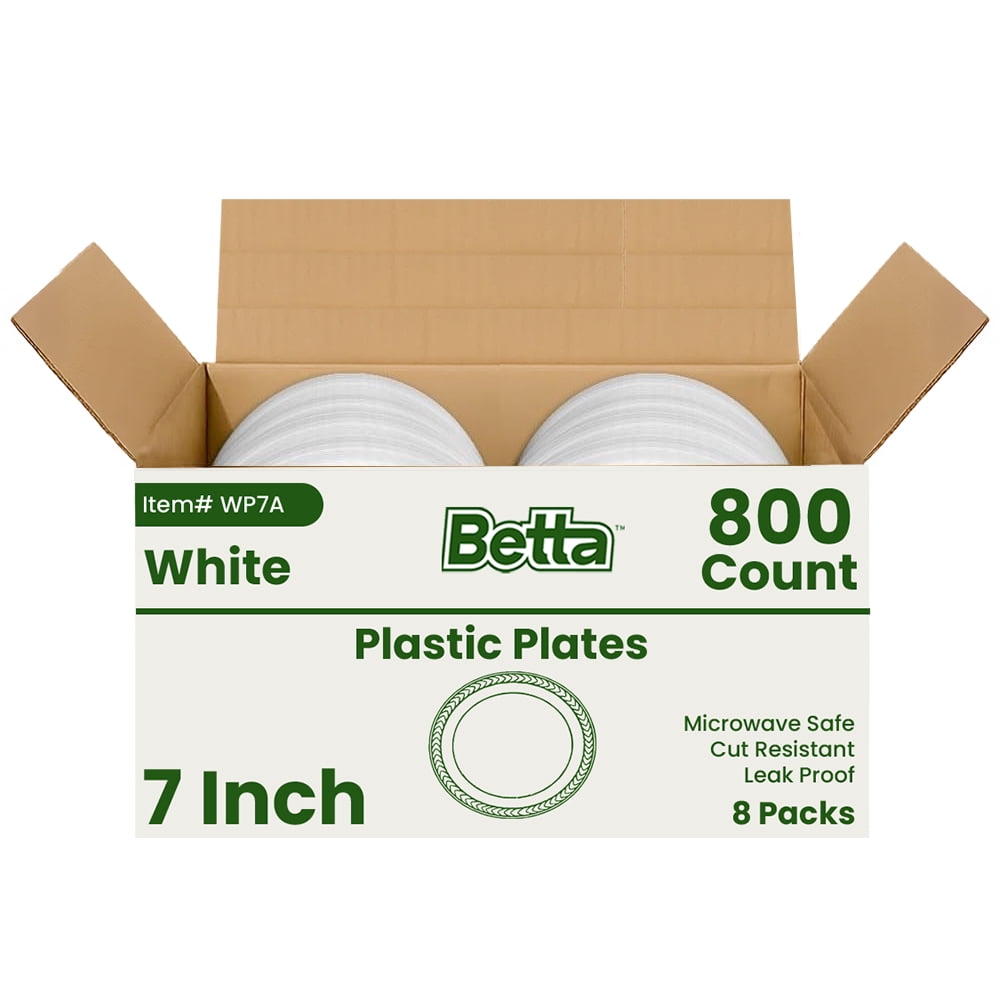 Betta 7-Inch Disposable Plastic Dessert Plates, White, 800 Count, Bulk Case, Microwave Safe (8 Pack Per Box x100)