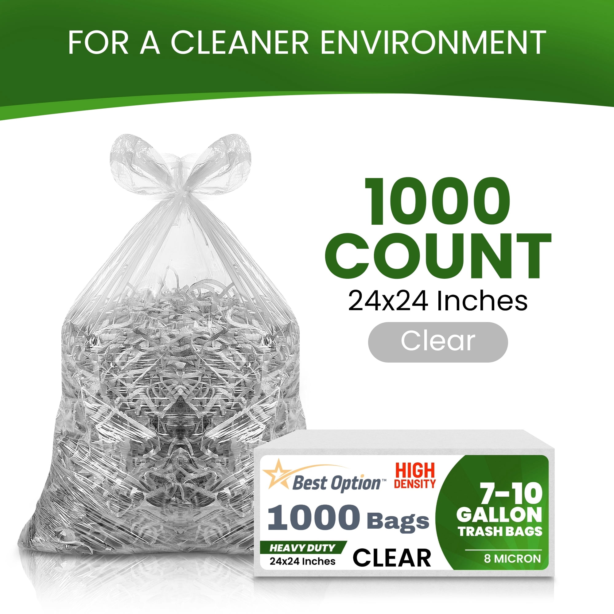 Best Option 8-10 Gallon Medium Trash Bags, Clear, 1000 Count Box, (24x24-inch) Commercial Office Wastebasket Garbage Can Liners