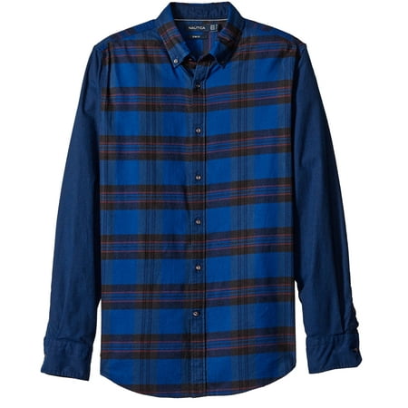 nautica new blue mens large l slim fit helmsman button down plaid shirt