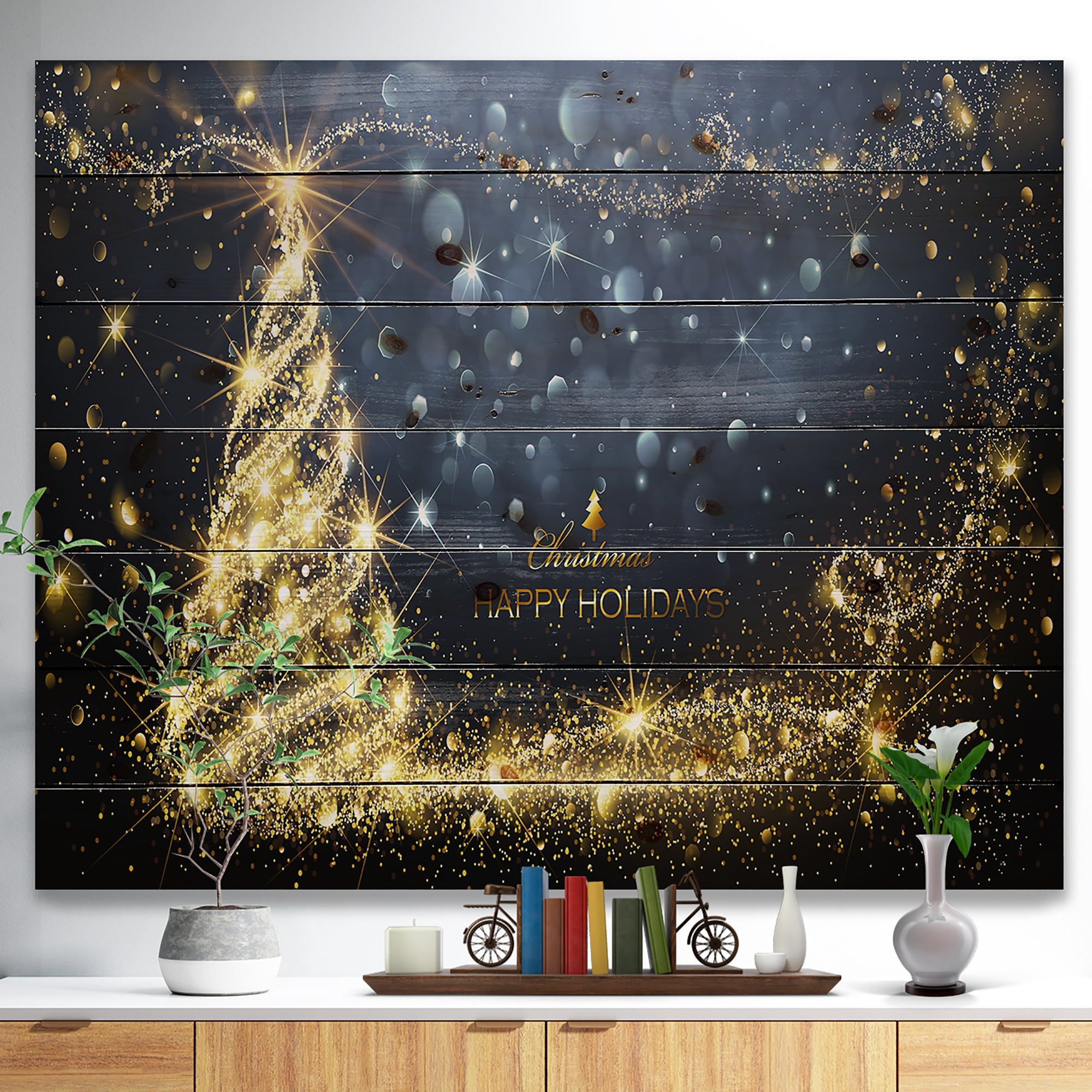 Designart 'Sparkling Shining Light Christmas Tree' Print on Natural Pine Wood