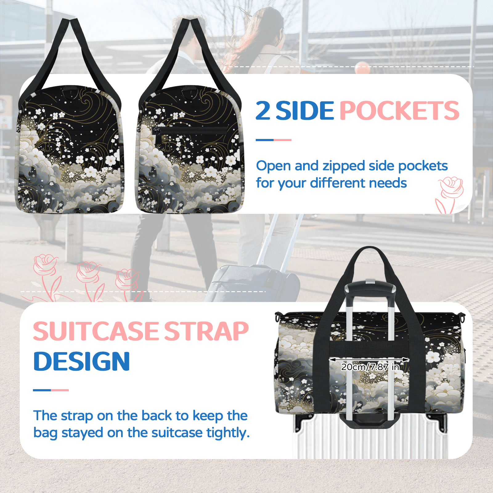 Herdesigns Floral Black White Gym Bag for Women, Duffle Bag for Travel Sport, Flowers Lightweight Waterproof Carry on Weekender Dance Yoga Workout Bags