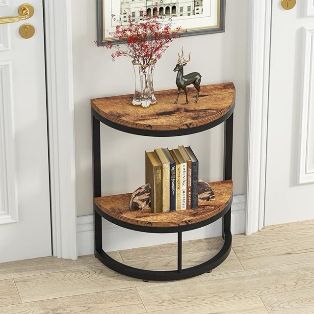 Table d'Appoint à 2 Niveaux Demi-Cercle, Petite Table Ronde avec Étagère de Rangement