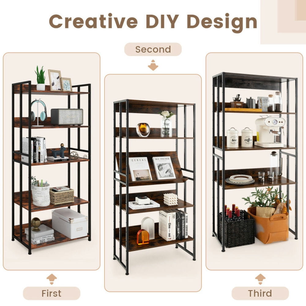 Demi Bonn 5-Tier Industrial Bookshelf Storage Shelf Display Rack with Adjustable Shelves, Brown