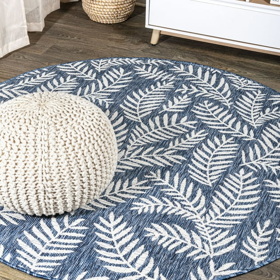 JONATHAN Y SANTA MONICA 5' Round Area Rug, Nevis Palm Frond - Navy/Ivory, SMB119B-5R
