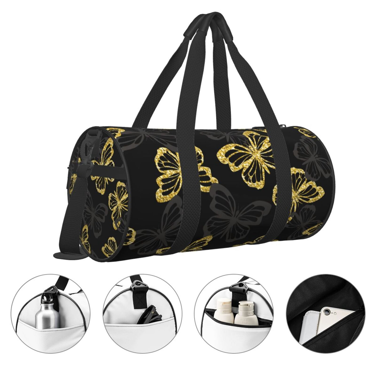 Vsdgher Golden Glitter Butterflies 45L Foldable Duffel Bag, Sports Gym Bag,Overnight Bag, Portable Weekender Bag for Airplanes