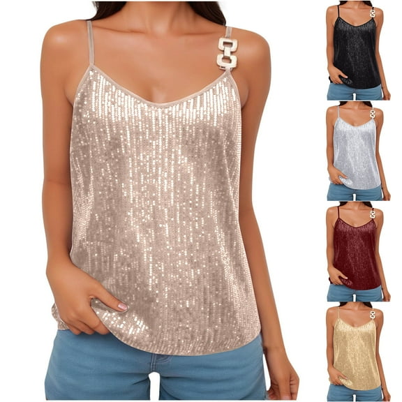 Felirenzacia Women's Glitter Sequin Sleeveless Blouse, Casual V Neck Spaghetti Strap Tube Tank Top, Khaki,S (4-6)