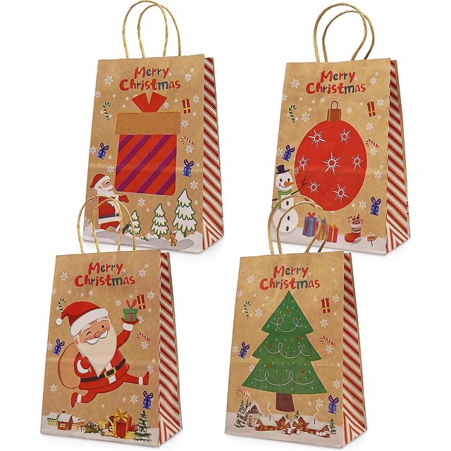 Bolsas de regalo navideñas Kraft 24 bolsas de estilo variado Bolsas de papel navideñas con asas Bolsas de regalo navideñas con estampados navideños para envolver regalos Cristo