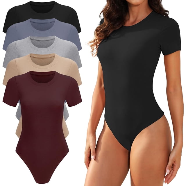 TVKSOM - Paquete de 5 trajes de cuerpo para mujer, manga corta, cuello redondo, casual, elástico, básico, playera