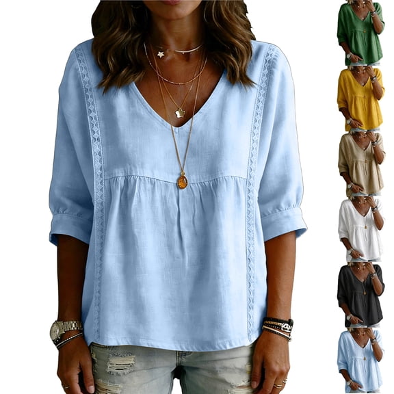 Women's Cotton Linen V Neck Blouse Casual 3/4 Sleeve Babydoll Pleated T Shirts Summer Boho Relaxed Fit Vacation Tunic Tops Light Blue XL