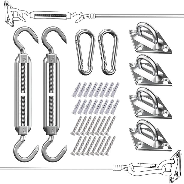 Kit de montaje de vela de sombra de acero inoxidable, herrajes a prueba de viento para toldos triangulares, cuadrados y rectangulares, incluye almohadillas de gancho a presión, tornillos en espiral y