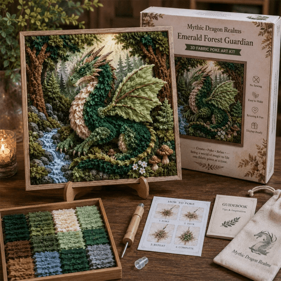 Mythic Dragon Realms 3D Fabric Poke Art Kit,No-Sew Fantasy Dragon Craft with Pre-Cut Fabric Squares, Poking Tool & Display Stand, Relaxing Gift for Women and Dragon Lovers C