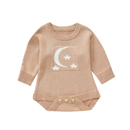 

Suanret Toddler Baby Girls Boys Fall Jumpsuit Moon Rainbow Knitted Crew Neck Long Sleeve Snaps Sweater Romper Camel Moon 9-12 Months