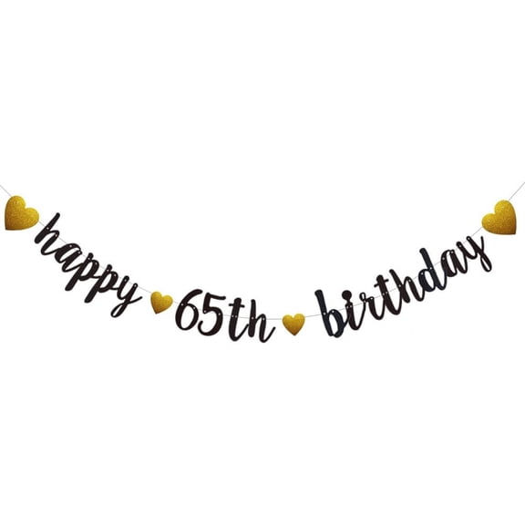 Happy 65th Birthday Banner, Pre-Strung,Black Glitter Paper for 65th Birthday Party Decorations Supplies, No Assembly Required,Black,