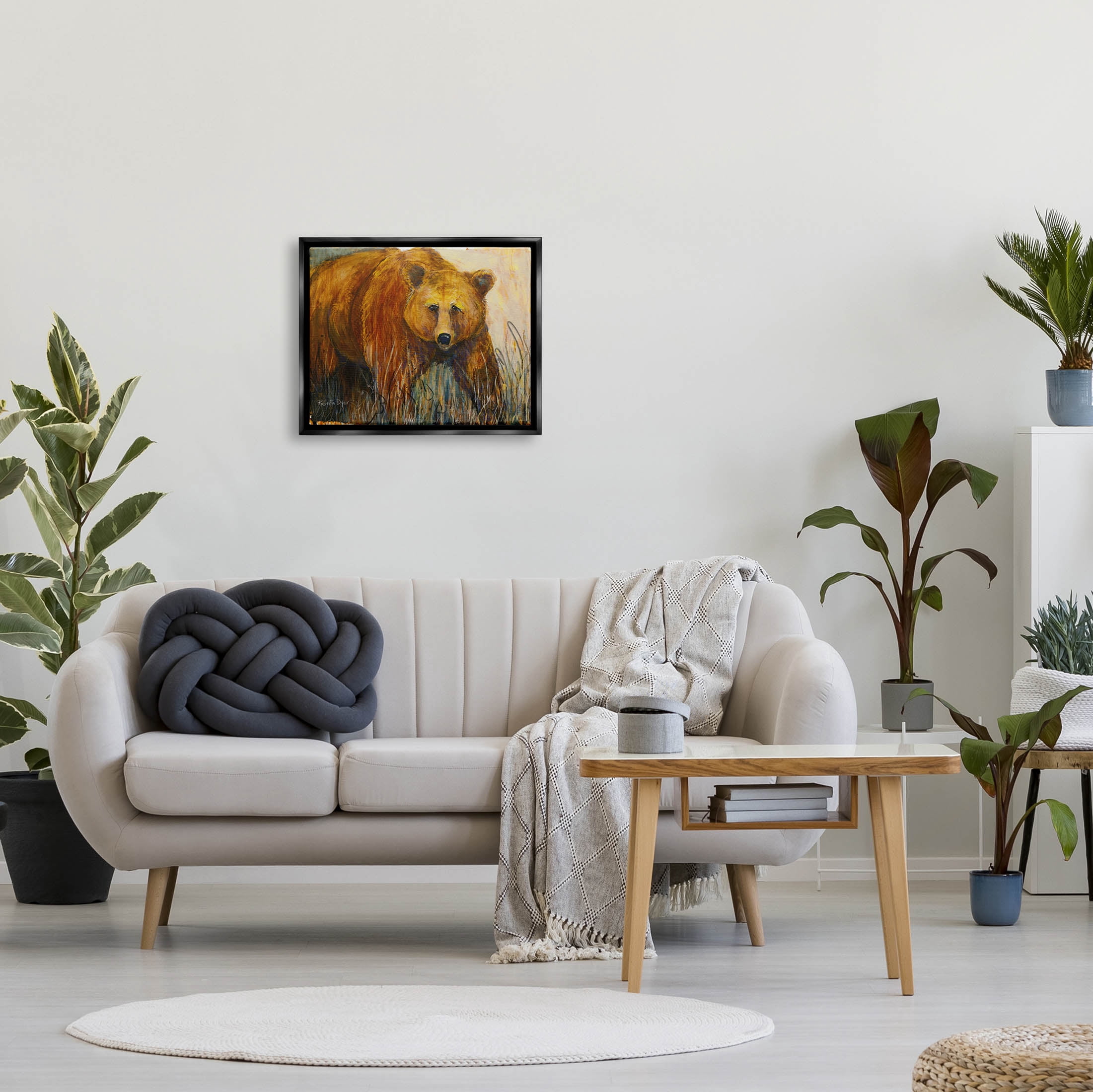 Stupell Industries Modern Bear Wildlife Scene Painting Jet Black Floating Framed Canvas Print Wall Art, Design by Roberta Dyer