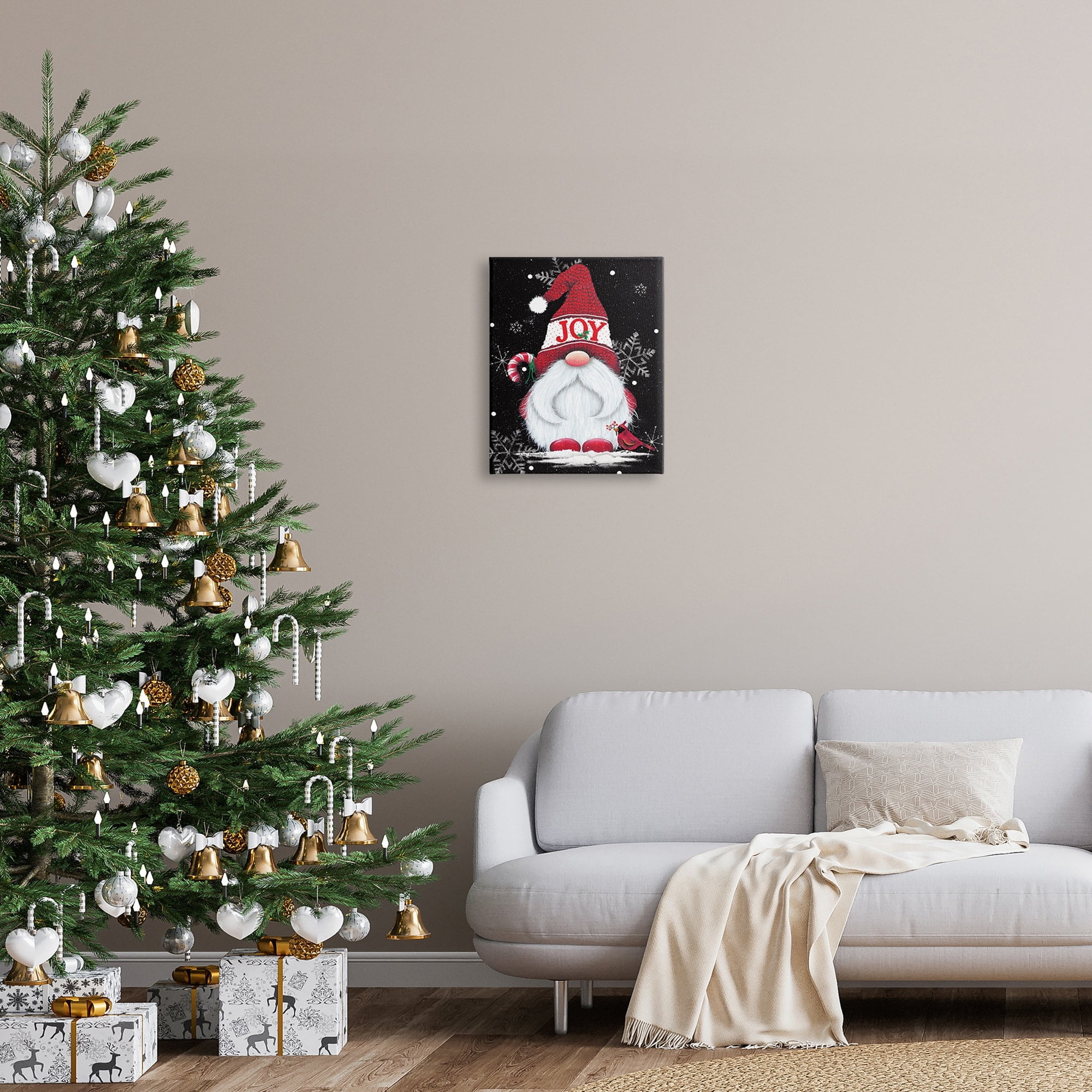 Red Holiday Gnome Candy Cane Snowflakes Pattern Fairy Tales & Fantasy Graphic Art Gallery-Wrapped Canvas Print Wall Art
