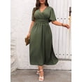 thumbnail image 5 of Plus Size Womens Army Green Solid V-Neck Wrap Short Sleeve Midi Dress, 5 of 6